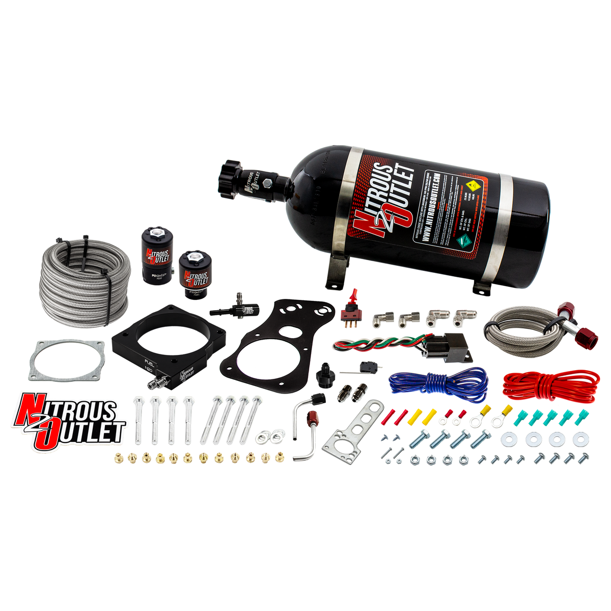 Nitrous Outlet Dodge 90mm 2005-2010 Challenger/Charger/300C/Jeep 6.1 Hemi Intake Hard-line Plate System - Gas/E85 (5-55psi)(50-200HP)(10lb Bottle)