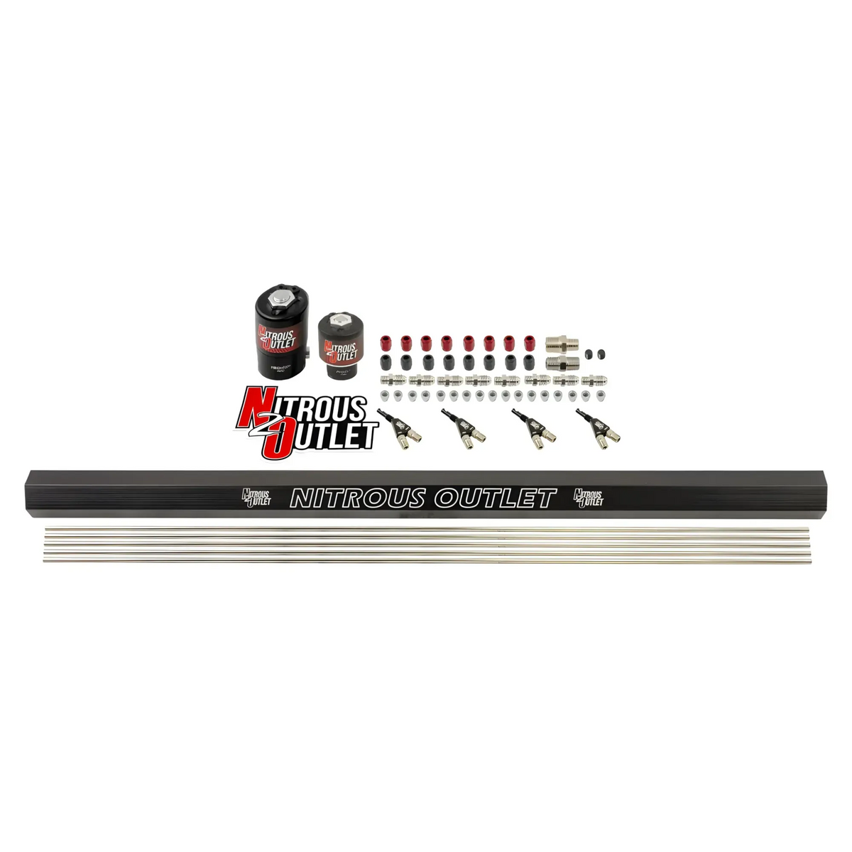 Nitrous Outlet 4 Cylinder Solenoids Forward Direct Port Plumbers Kit - .122 Nitrous Solenoid/.177 Fuel Solenoid/Dual Passage Injection Rail/90 Degree Discharge Nozzles