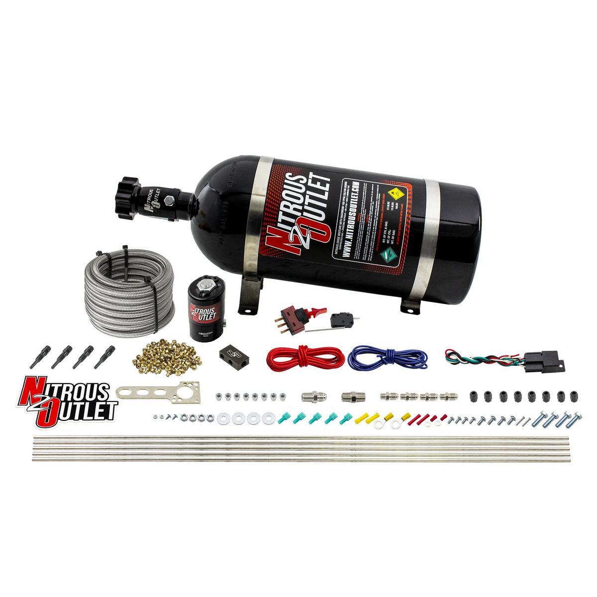 Nitrous Outlet Dry 4 Cylinder Direct Port System - .122 Nitrous Solenoid/Distribution Block/90 Degree Nozzles (50-250HP)(15lb Bottle)