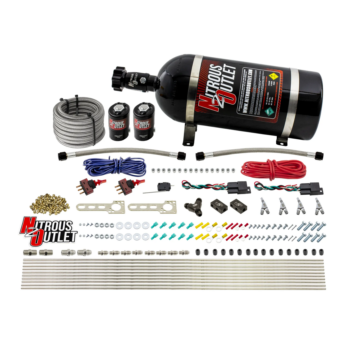 Nitrous Outlet Dry 4 Cylinder Dual Stage Direct Port System - Two .122 Nitrous Solenoids/Distribution Blocks/SBT Dual Passage Discharge Nozzles (50-250HP)(15lb Bottle)