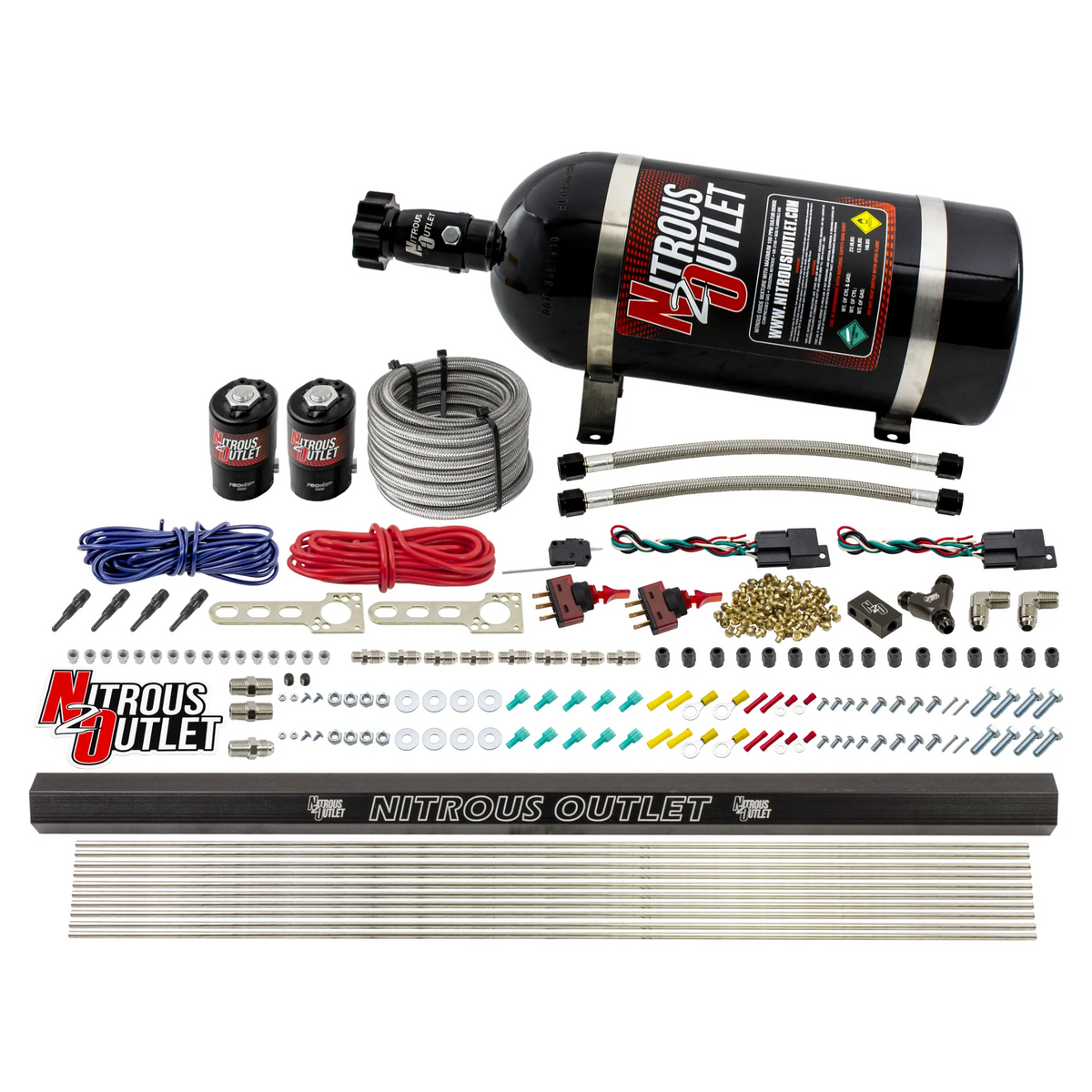 Nitrous Outlet Dry 4 Cylinder Dual Stage Direct Port System - Two .122 Nitrous Solenoids/Dual Passage Injection Rail/SBT Dual Passage Discharge Nozzles (50-250HP)(15lb Bottle)