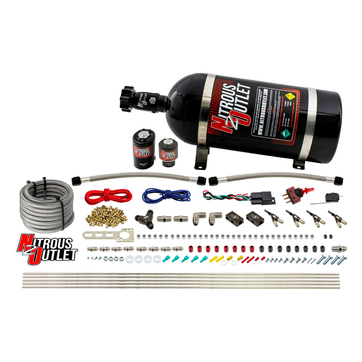 Nitrous Outlet 4 Cylinder Direct Port System - .122 Nitrous Solenoids/.177 Fuel Solenoids/Dual Passage Injection Rail/90 Degree Discharge Nozzles (Alcohol)(5-7-10 psi)(50-250HP)(No Bottle)