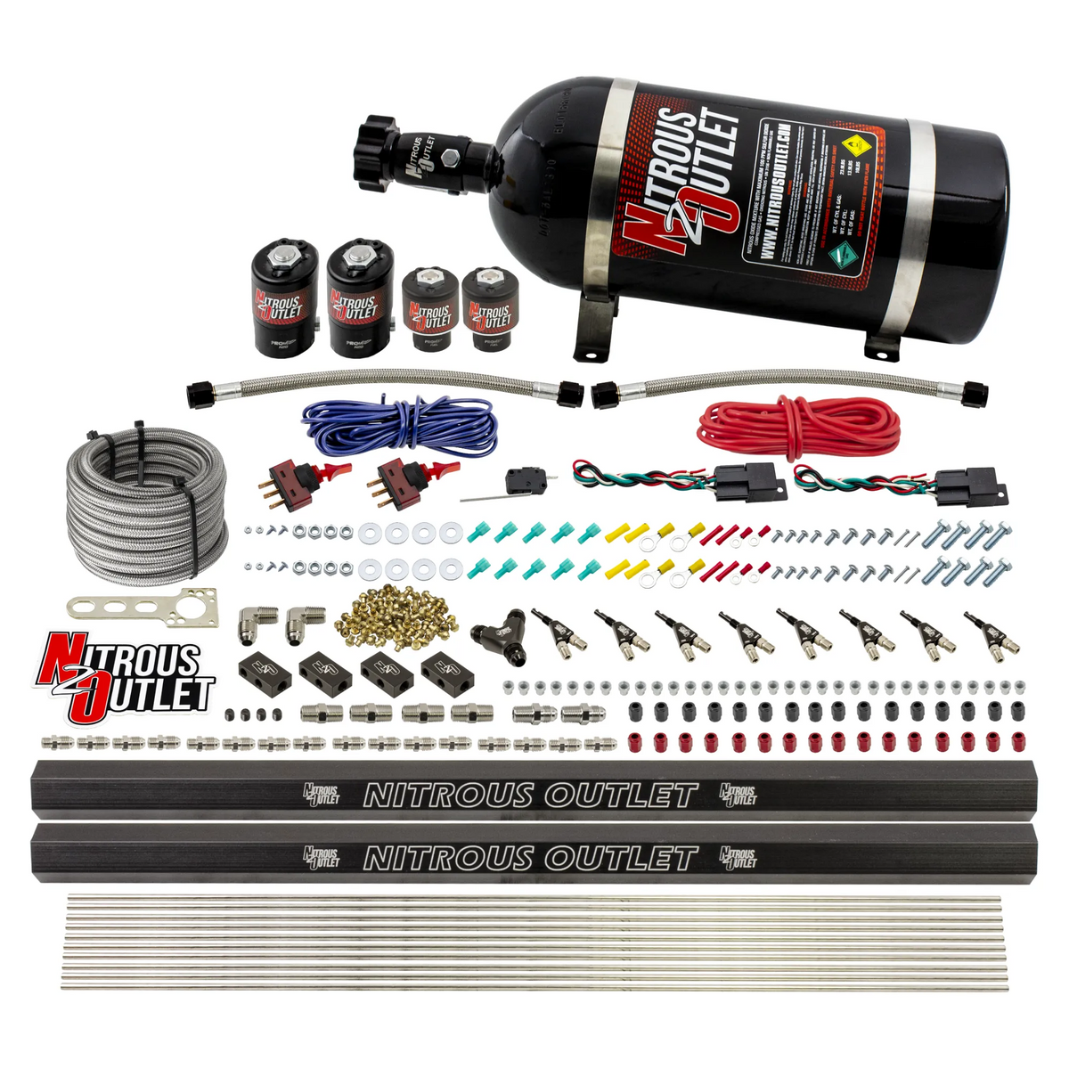 Nitrous Outlet 4 Cylinder Dual Stage Direct Port System - Two .122 Nitrous Solenoids/Two .177 Fuel Solenoids/Two Dual Passage Injection Rails/90 Degree Discharge Nozzles (Alcohol)(5-7-10 psi)(50-250HP)(12lb Bottle)