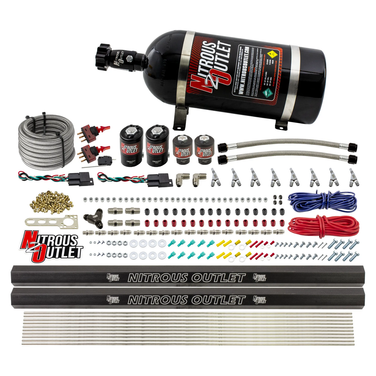 Nitrous Outlet 4 Cylinder Dual Stage Direct Port System - Two .122 Nitrous Solenoids/Two .177 Fuel Solenoids/Two Dual Passage Injection Rails/Annular Discharge Nozzles (Alcohol)(5-7-10 psi)(50-250HP)(12lb Bottle)