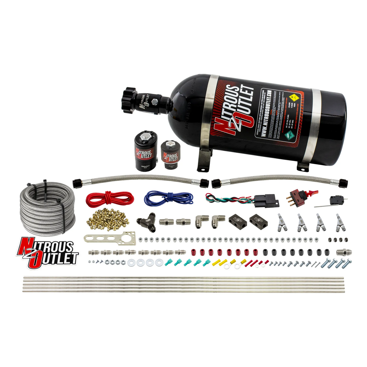 Nitrous Outlet 4 Cylinder Direct Port System - .122 Nitrous Solenoid/.177 Fuel Solenoid/Distribution Blocks/Annular Degree Discharge Nozzles (Alcohol)(5-7-10 psi)(50-250HP)(No Bottle)
