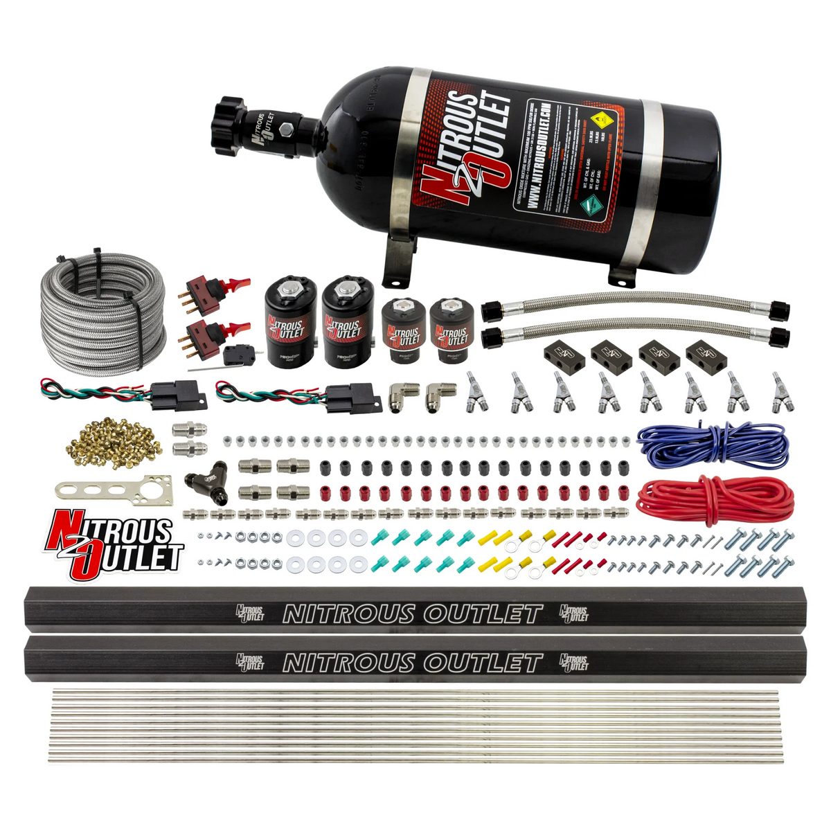 Nitrous Outlet 4 Cylinder Dual Stage Direct Port System - Two .122 Nitrous Solenoids/Two .177 Fuel Solenoids/Distribution Blocks/Annular Discharge Nozzles (Alcohol)(5-7-10 psi)(50-250HP)(No Bottle)