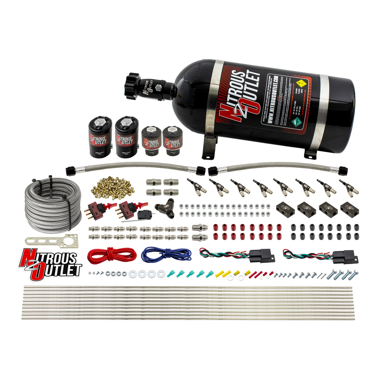 Nitrous Outlet 4 Cylinder Dual Stage Direct Port System - Two .122 Nitrous Solenoids/Two .177 Fuel Solenoids/Distribution Blocks/90 Degree Discharge Nozzles (Gas)(5-7-10 psi)(50-250HP)(No Bottle)