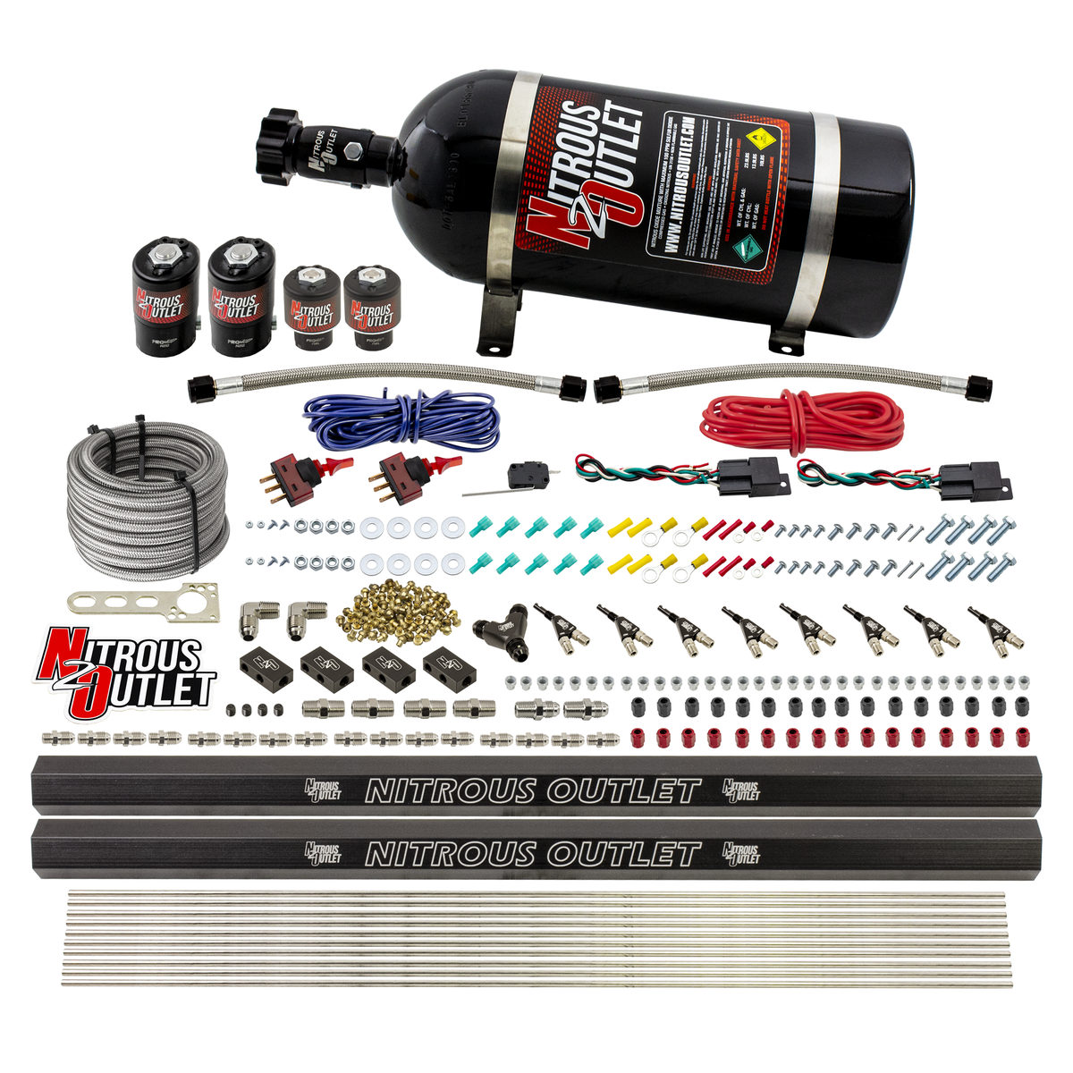 Nitrous Outlet 4 Cylinder Dual Stage Direct Port System - Two .122 Nitrous Solenoids/Two .177 Fuel Solenoids/Two Dual Passage Injection Rails/90 Degree Discharge Nozzles (E85)(5-7-10 psi)(50-250HP)(12lb Bottle)