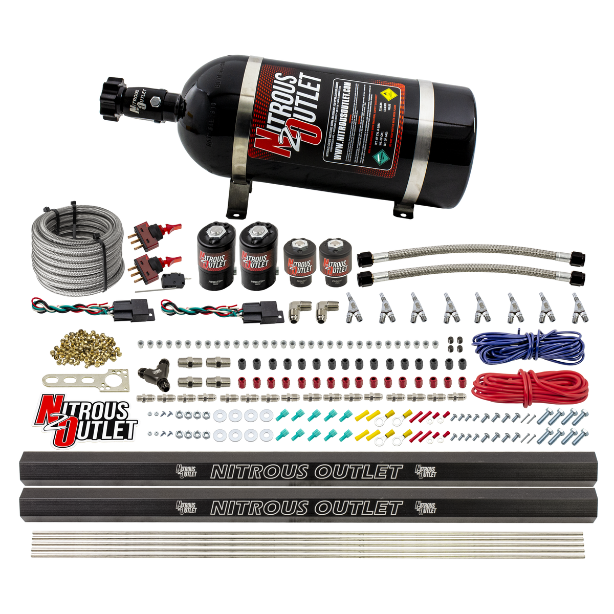 Nitrous Outlet 4 Cylinder Dual Stage Direct Port System - Two .122 Nitrous Solenoids/Two .177 Fuel Solenoids/Two Dual Passage Injection Rails/Annular Discharge Nozzles (E85)(5-7-10 psi)(50-250HP)(15lb Bottle)