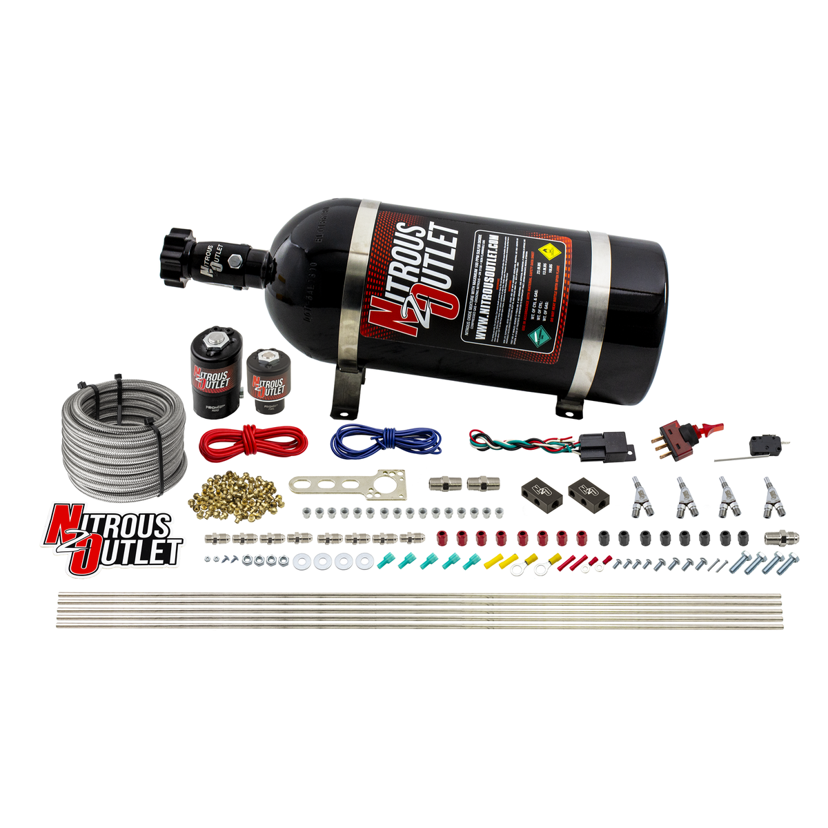 Nitrous Outlet 4 Cylinder Direct Port System - .122 Nitrous Solenoid/.177 Fuel Solenoid/Distribution Blocks/Annular Degree Discharge Nozzles (E85)(5-7-10 psi)(50-250HP)(12lb Bottle)