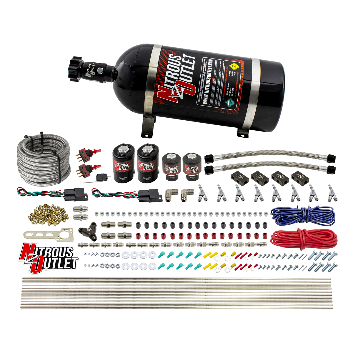 Nitrous Outlet 4 Cylinder Dual Stage Direct Port System - Two .122 Nitrous Solenoids/Two .177 Fuel Solenoids/Distribution Blocks/Annular Discharge Nozzles (E85)(5-7-10 psi)(50-250HP)(No Bottle)