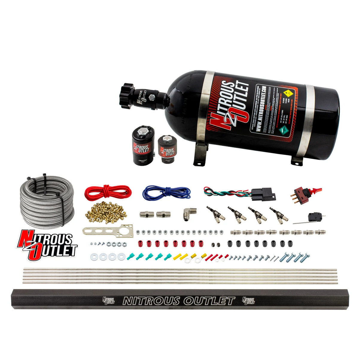 Nitrous Outlet 4 Cylinder Direct Port System - .122 Nitrous Solenoids/.177 Fuel Solenoids/Dual Passage Injection Rail/90 Degree Discharge Nozzles (Gas)(5-7-10 psi)(50-250HP)(15lb Bottle)