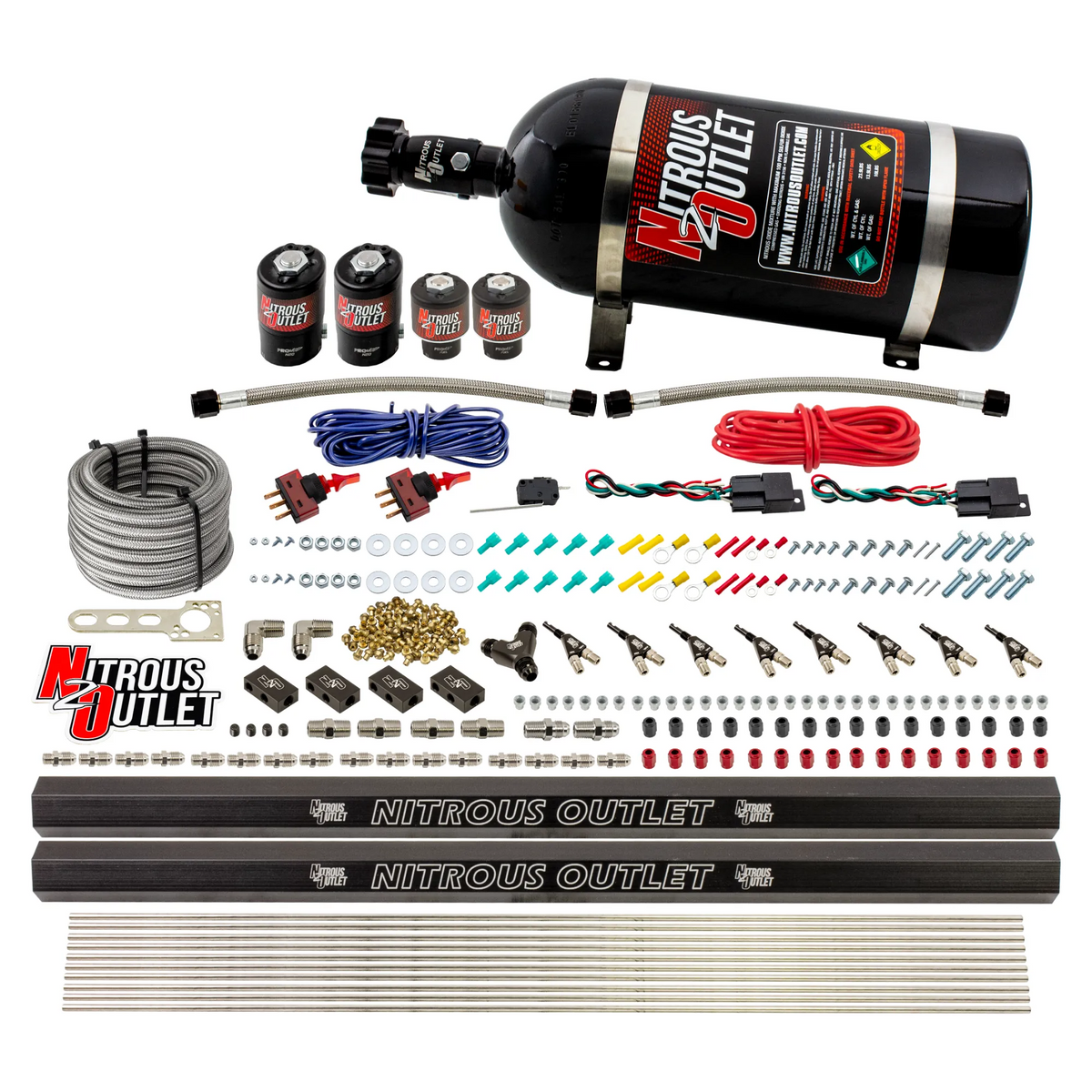 Nitrous Outlet 4 Cylinder Dual Stage Direct Port System - Two .122 Nitrous Solenoids/Two .177 Fuel Solenoids/Two Dual Passage Injection Rails/90 Degree Discharge Nozzles (Gas)(5-7-10 psi)(50-250HP)(12lb Bottle)