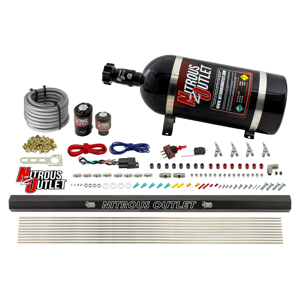 Nitrous Outlet 4 Cylinder Direct Port System - .122 Nitrous Solenoids/.177 Fuel Solenoids/Dual Passage Injection Rail/Annular Discharge Nozzles (E85)(45-55 psi)(50-250HP)(15lb Bottle)