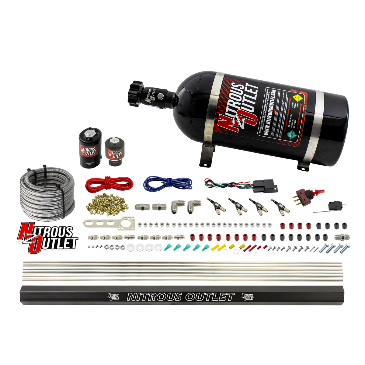 Nitrous Outlet 4 Cylinder Direct Port System - .122 Nitrous Solenoids/.177 Fuel Solenoids/Dual Passage Injection Rail/90 Degree Discharge Nozzles (Gas)(45-55 psi)(50-250HP)(15lb Bottle)