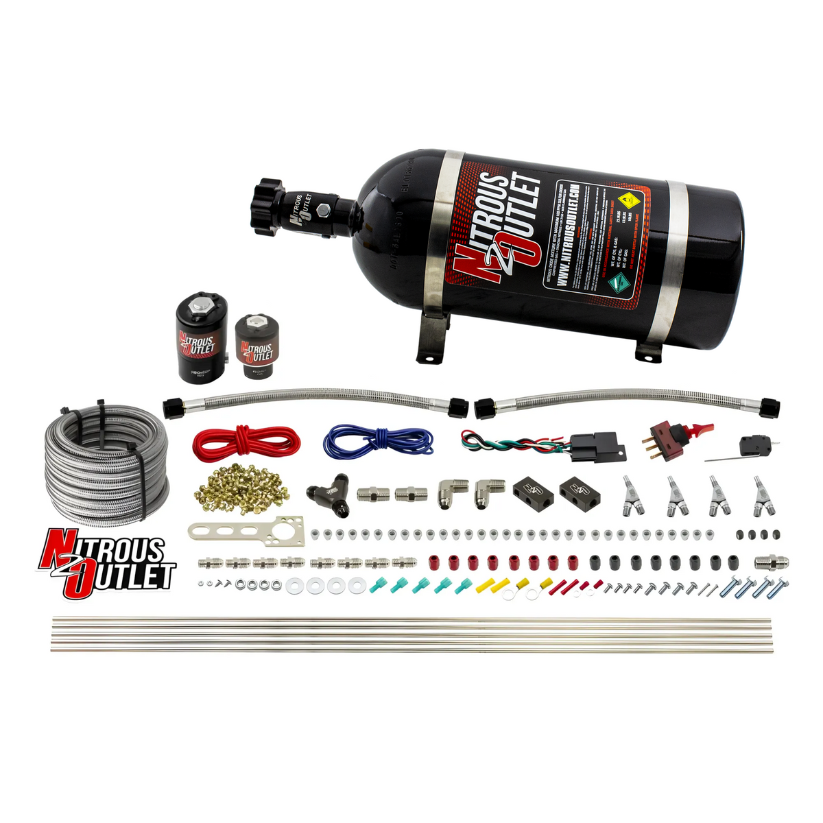 Nitrous Outlet 4 Cylinder Direct Port System - .122 Nitrous Solenoid/.177 Fuel Solenoid/Distribution Blocks/Annular Degree Discharge Nozzles (Gas)(45-55 psi)(50-250HP)(15lb Bottle)