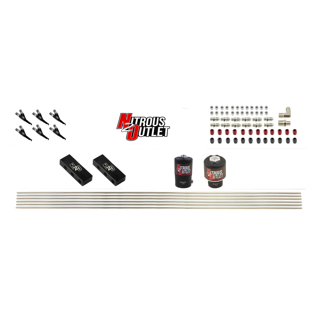 Nitrous Outlet 6 Cylinder Solenoids Forward Direct Port Plumbers Kit - .122 Nitrous Solenoid/.177 Fuel Solenoid/Distribution Blocks/90 Degree Discharge Nozzles