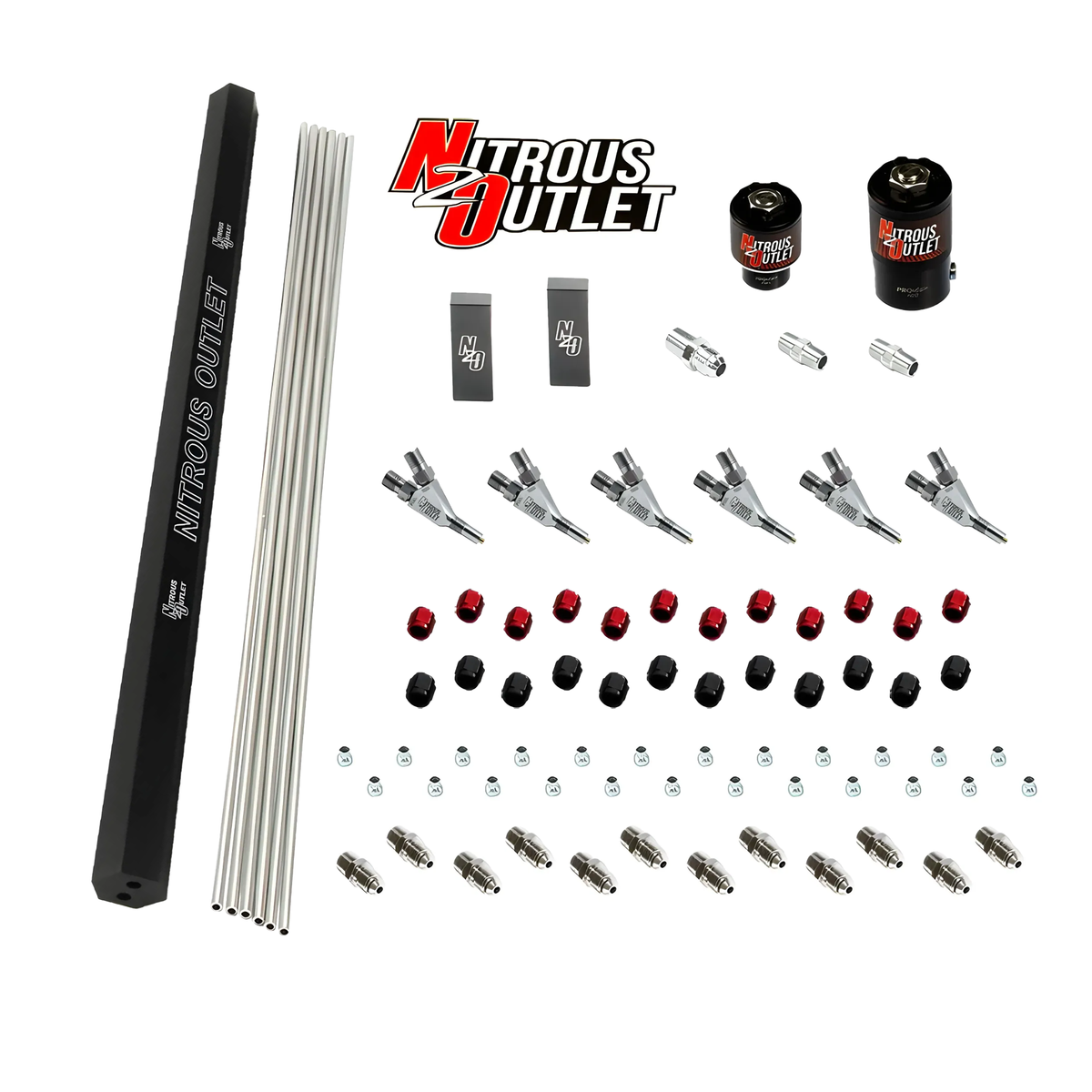 Nitrous Outlet 6 Cylinder Solenoids Forward Direct Port Plumbers Kit - .122 Nitrous Solenoid/.177 Fuel Solenoid/Dual Passage Injection Rail/Annular Discharge Nozzles