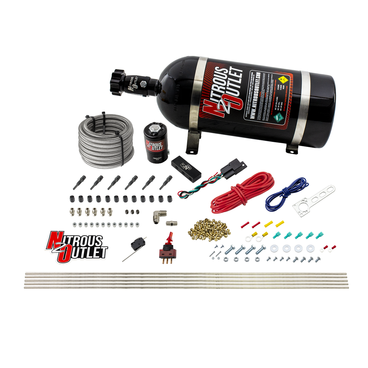 Nitrous Outlet Dry 6 Cylinder Direct Port System -.122 Nitrous Solenoid/Injection Rail/SBT Discharge Nozzles (75-375HP)(15lb Bottle)
