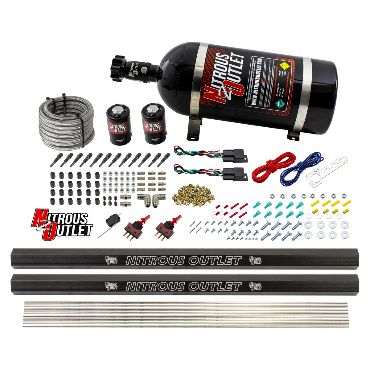 Nitrous Outlet Dry 6 Cylinder Dual Stage Direct Port System - Two .122 Nitrous Solenoids/Dual Passage Injection Rail/SBT Dual Passage Discharge Nozzles (75-375HP)(No Bottle)