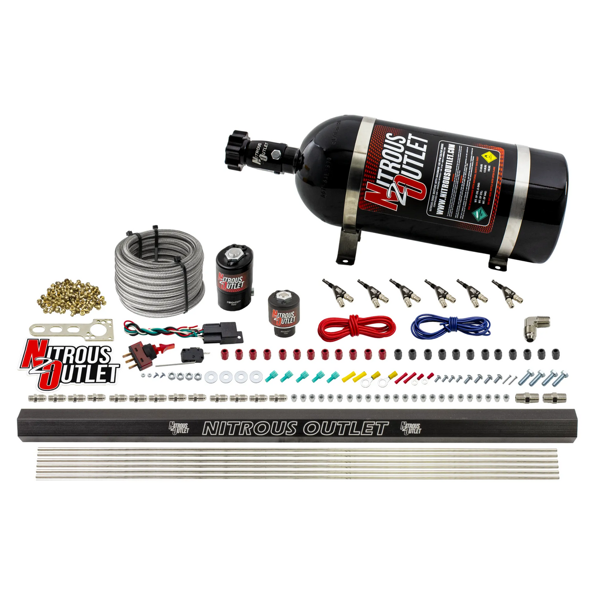 Nitrous Outlet 6 Cylinder Direct Port System - .122 Nitrous Solenoid/.177 Fuel Solenoid/Distribution Blocks/90 Degree Discharge Nozzles (Alcohol)(5-7-10 psi)(75-375HP)(15lb Bottle)