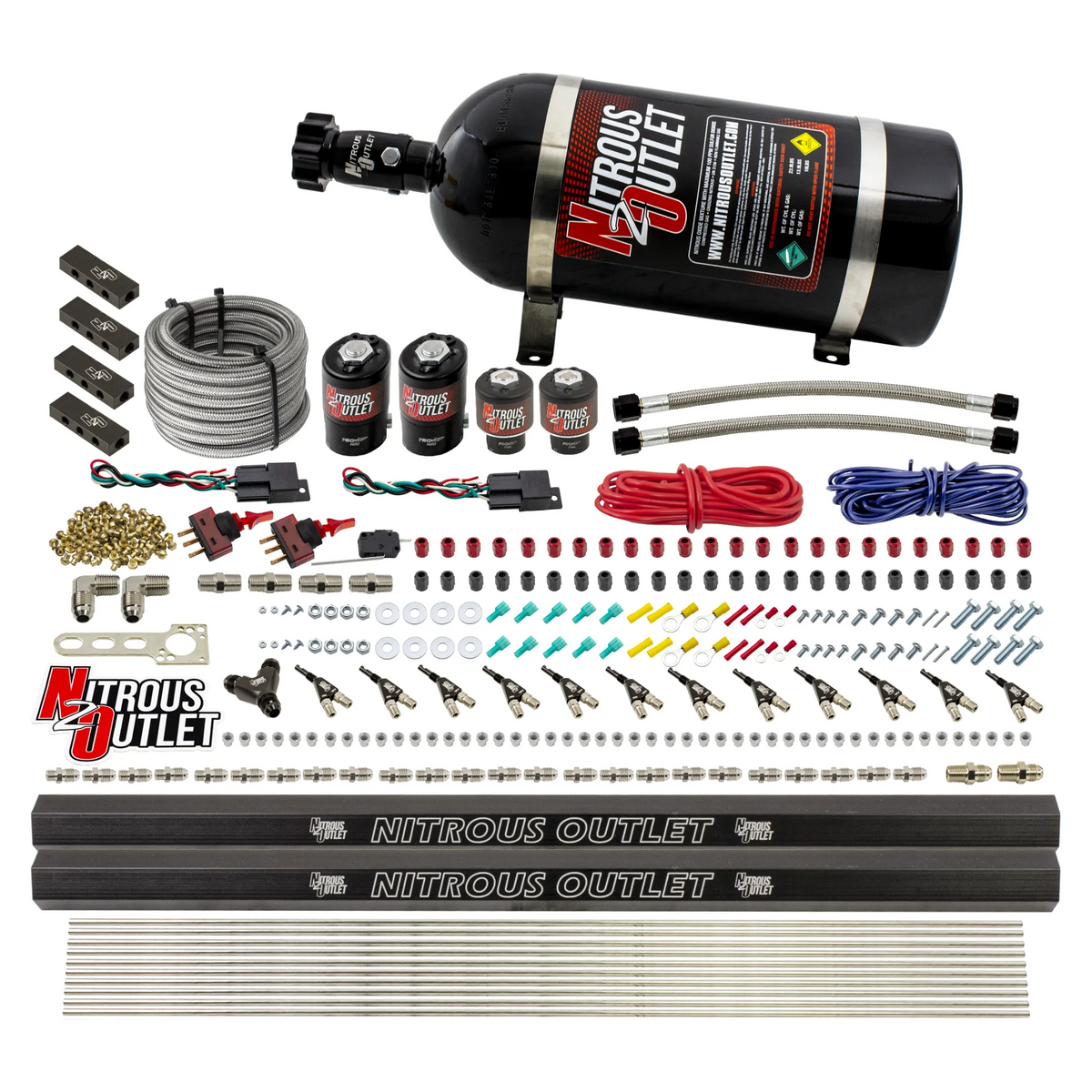 Nitrous Outlet 6 Cylinder Dual Stage Direct Port System - Two .122 Nitrous Solenoids/Two .177 Fuel Solenoids/Distribution Blocks/90 Degree Discharge Nozzles (Alcohol)(5-7-10 psi)(75-375HP)(No Bottle)