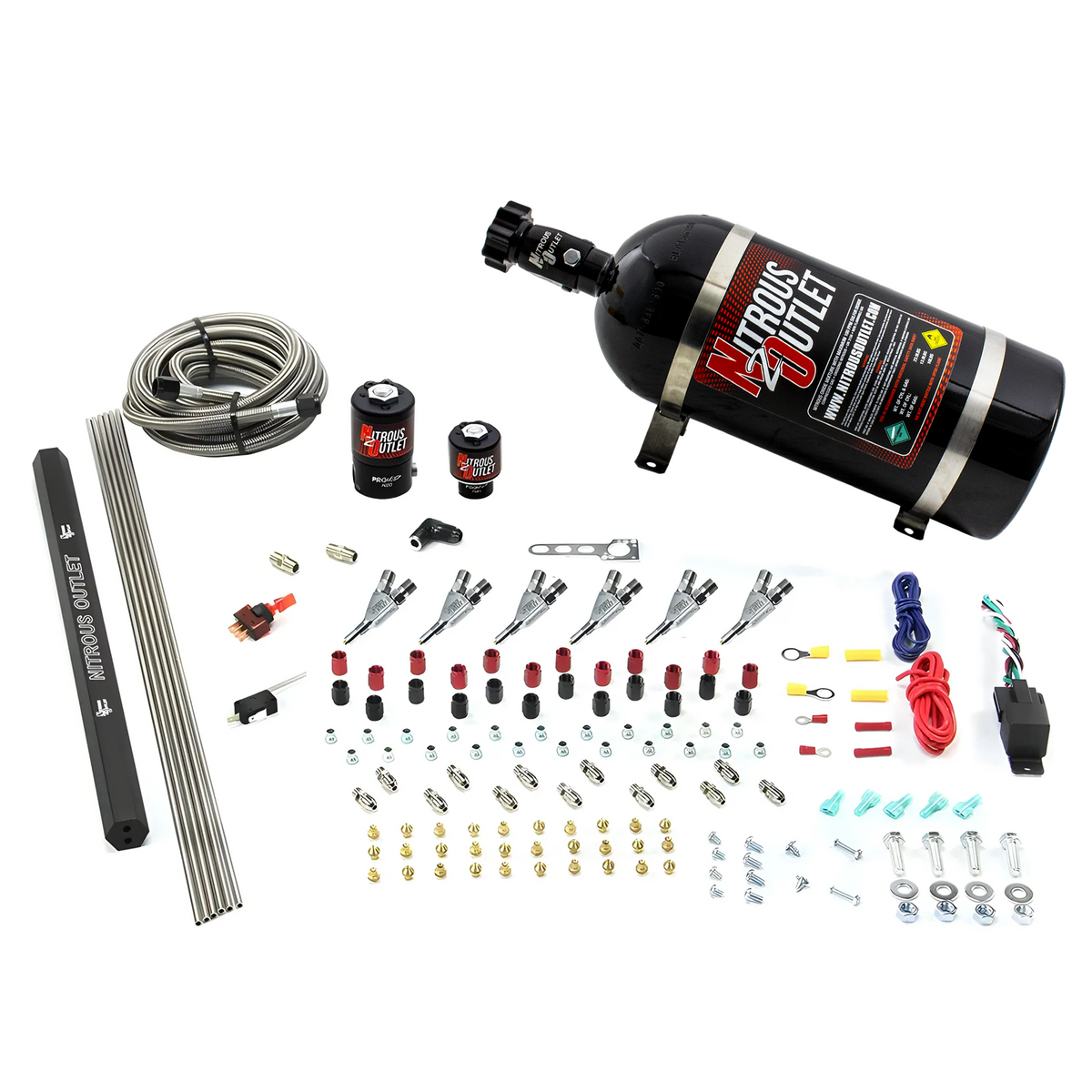 Nitrous Outlet 6 Cylinder Direct Port System - .122 Nitrous Solenoids/.177 Fuel Solenoids/Dual Passage Injection Rail/Annular Discharge Nozzles (Alcohol)(5-7-10 psi)(75-375HP)(12lb Bottle)