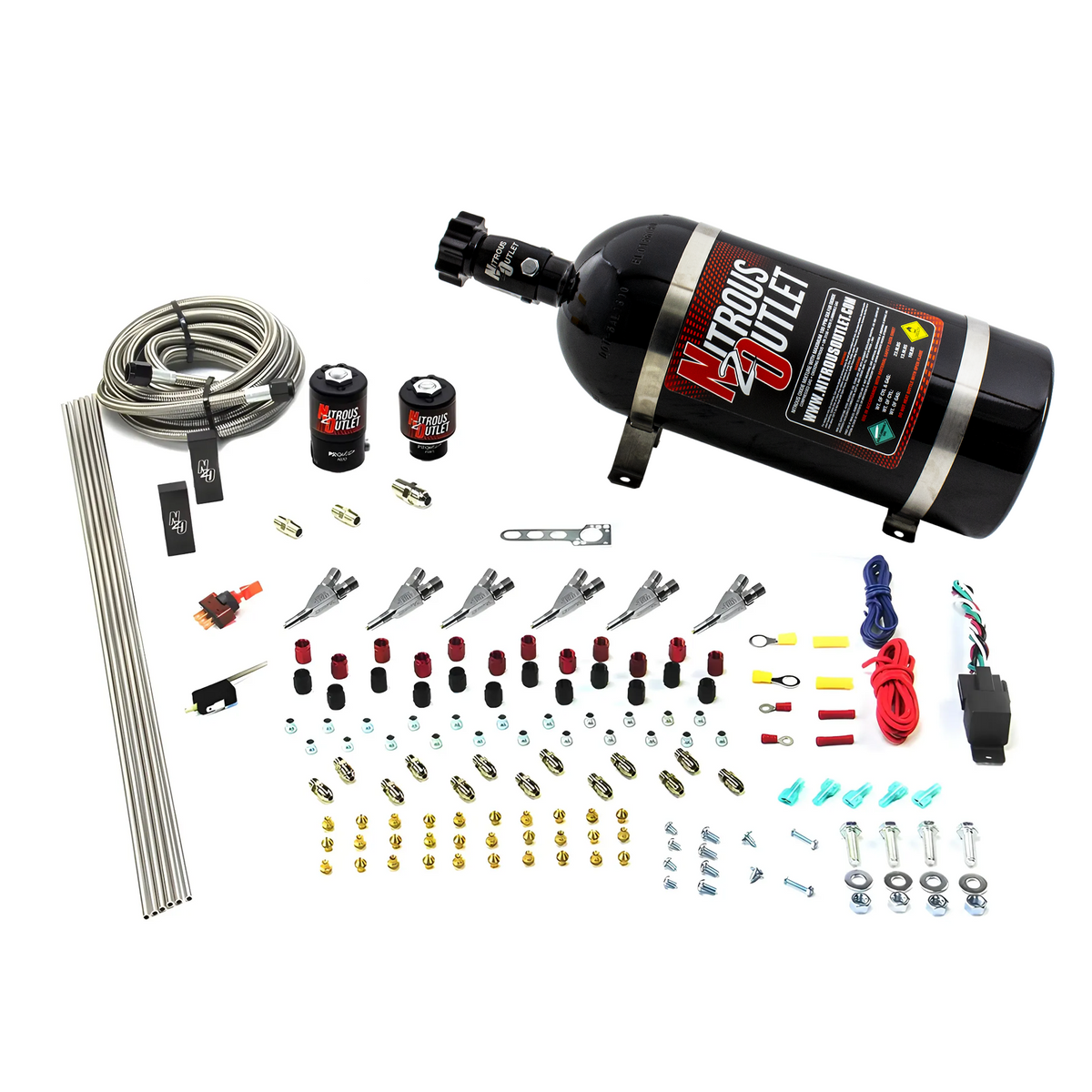 Nitrous Outlet 6 Cylinder Direct Port System - .122 Nitrous Solenoid/.177 Fuel Solenoid/Distribution Blocks/Annular Degree Discharge Nozzles (Alcohol)(5-7-10 psi)(75-375HP)(12lb Bottle)