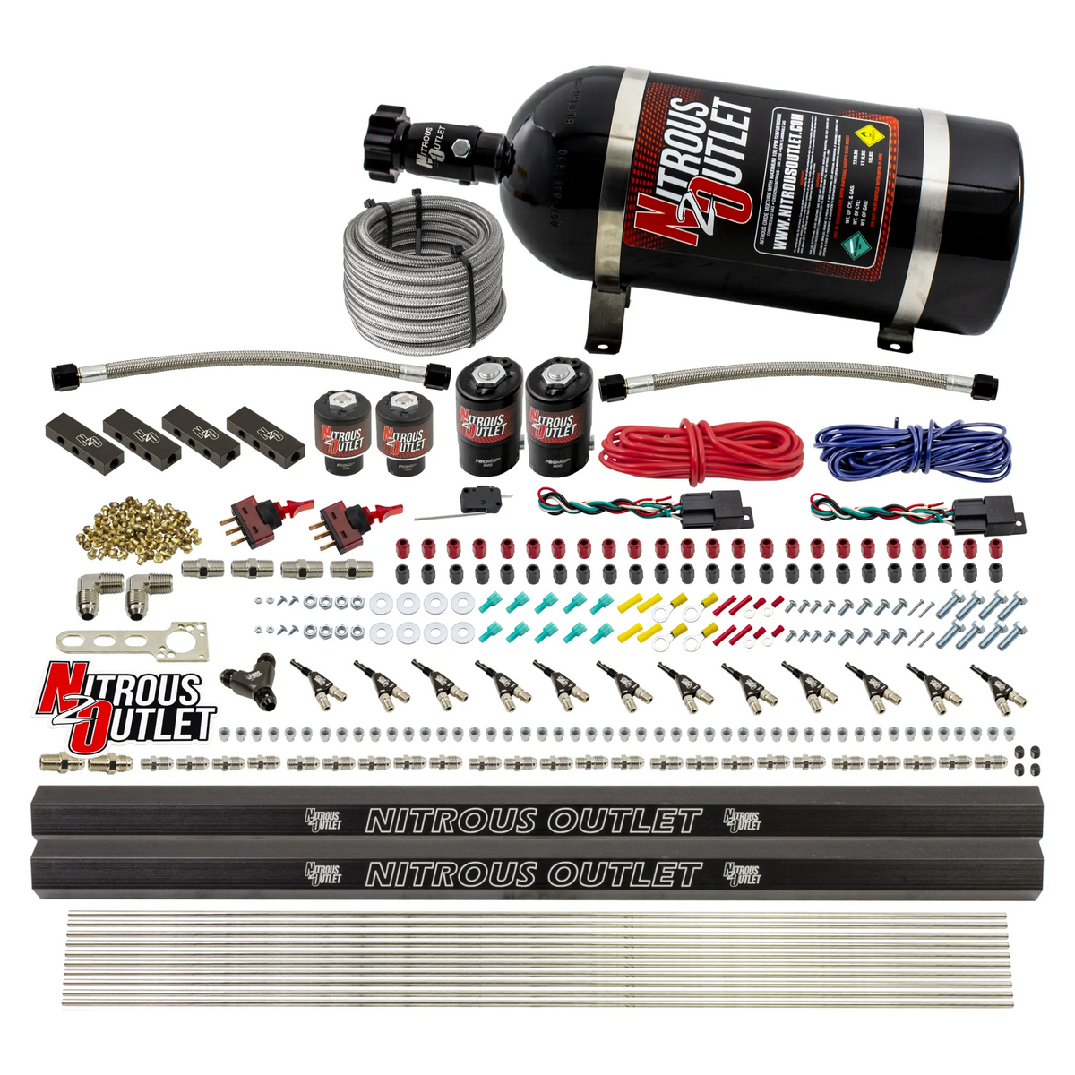Nitrous Outlet 6 Cylinder Dual Stage Direct Port System - Two .122 Nitrous Solenoids/Two .177 Fuel Solenoids/Distribution Blocks/90 Degree Discharge Nozzles (E85)(5-7-10 psi)(75-375HP)(No Bottle)