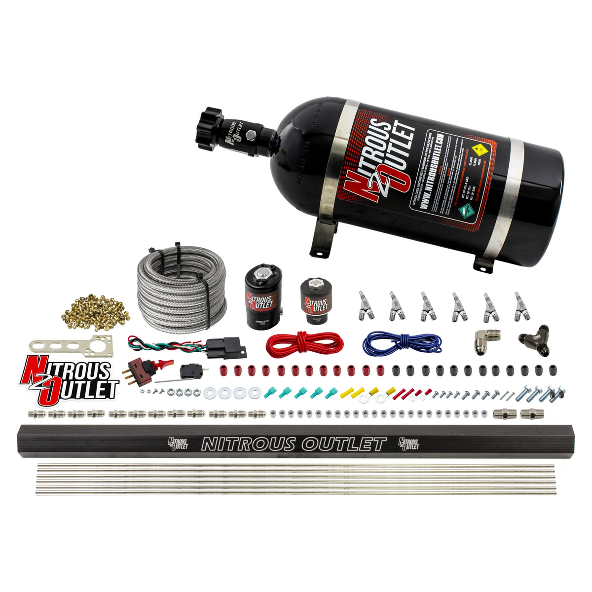 Nitrous Outlet 6 Cylinder Direct Port System - .122 Nitrous Solenoid/.177 Fuel Solenoid/Distribution Blocks/Annular Degree Discharge Nozzles (E85)(5-7-10 psi)(75-375HP)(No Bottle)