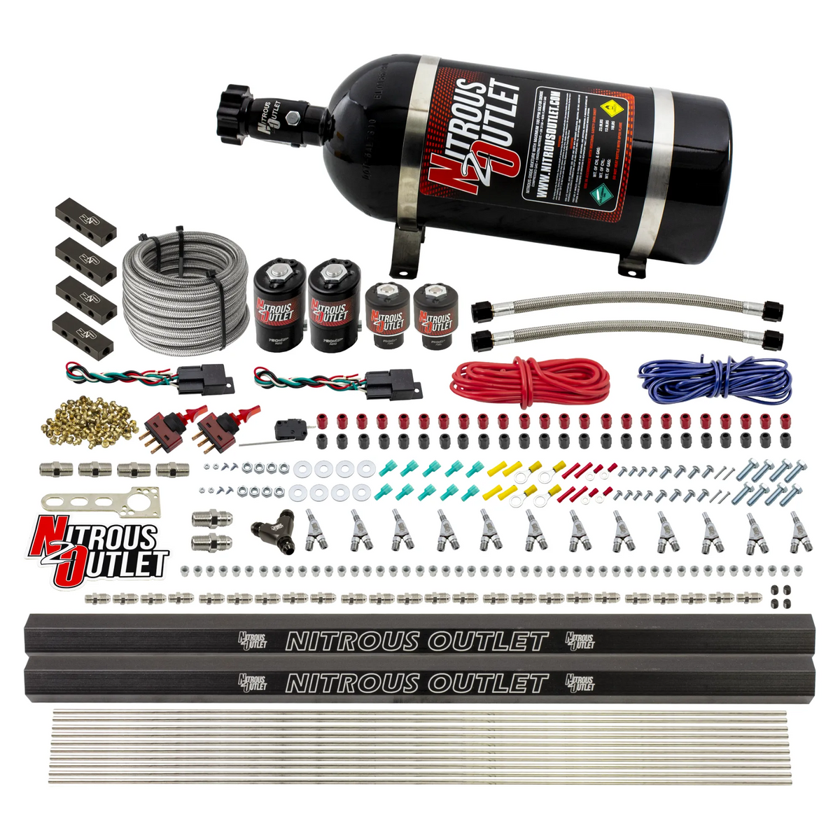 Nitrous Outlet 6 Cylinder Dual Stage Direct Port System - Two .122 Nitrous Solenoids/Two .177 Fuel Solenoids/Distribution Blocks/Annular Discharge Nozzles (E85)(5-7-10 psi)(75-375HP)(15lb Bottle)