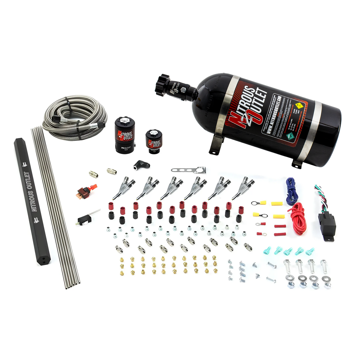 Nitrous Outlet 6 Cylinder Direct Port System - .122 Nitrous Solenoids/.177 Fuel Solenoids/Dual Passage Injection Rail/Annular Discharge Nozzles (Gas)(5-7-10 psi)(75-375HP)(15lb Bottle)