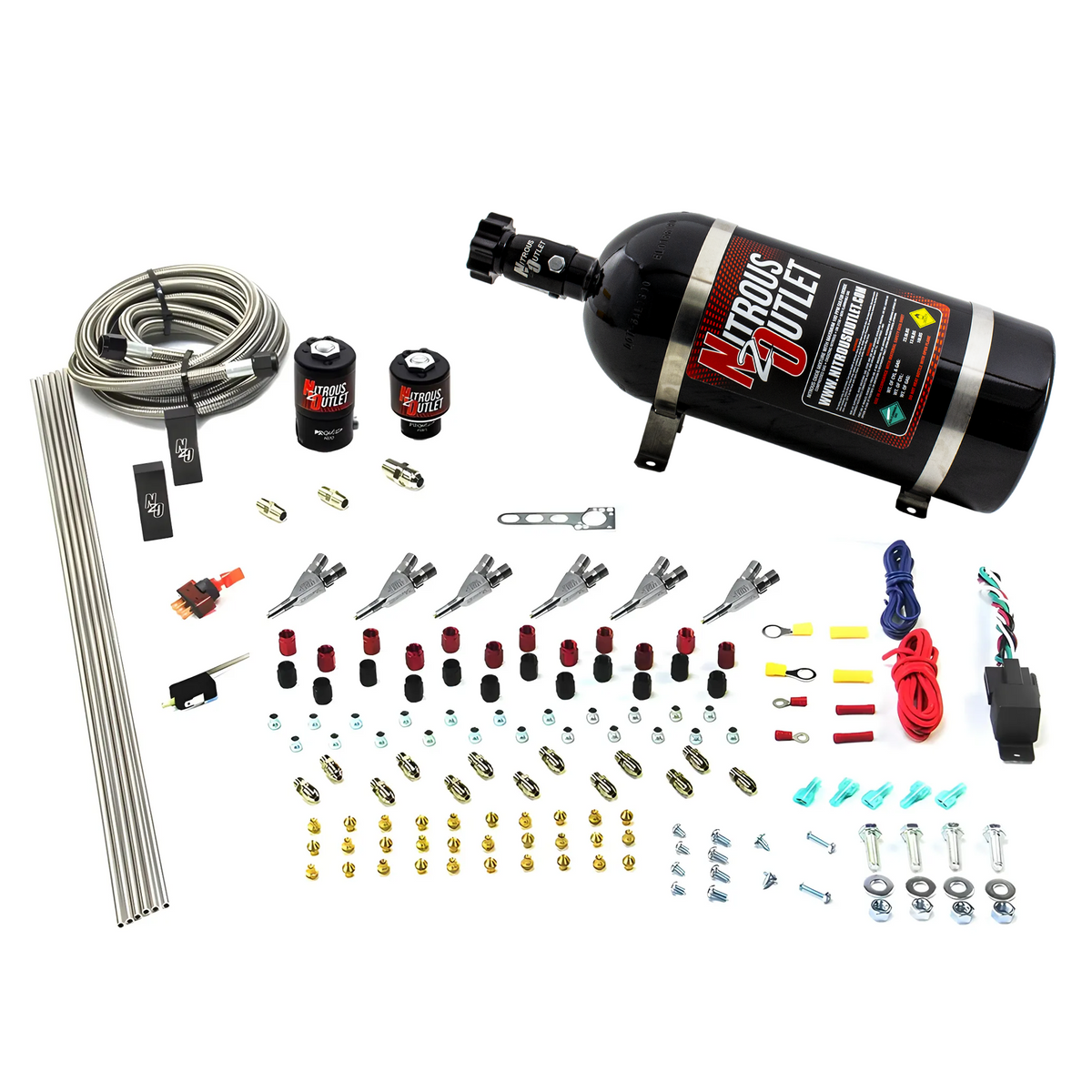 Nitrous Outlet 6 Cylinder Direct Port System - .122 Nitrous Solenoid/.177 Fuel Solenoid/Distribution Blocks/Annular Degree Discharge Nozzles (Gas)(5-7-10 psi)(75-375HP)(No Bottle)