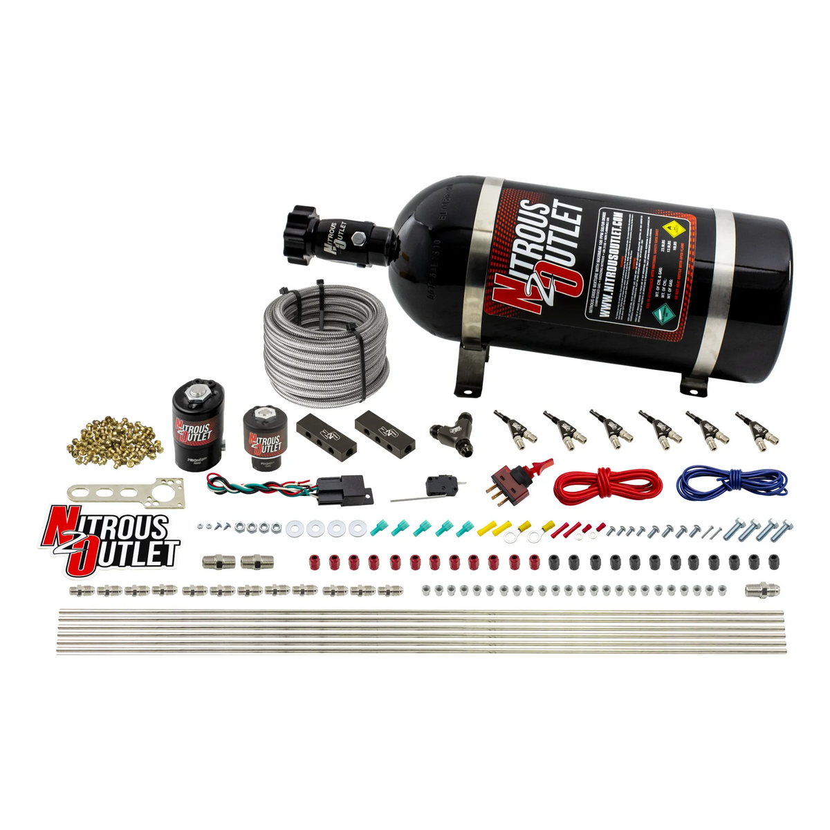 Nitrous Outlet 6 Cylinder Direct Port System - .122 Nitrous Solenoid/.177 Fuel Solenoid/Distribution Blocks/90 Degree Discharge Nozzles (Gas)(45-55 psi)(75-375HP)(No Bottle)