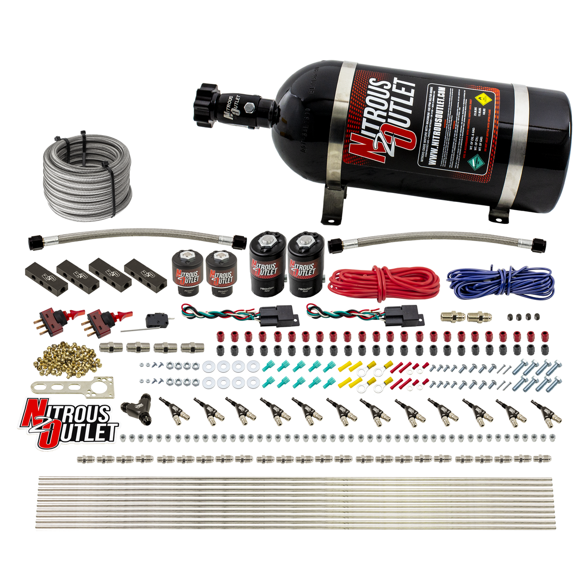 Nitrous Outlet 6 Cylinder Dual Stage Direct Port System - Two .122 Nitrous Solenoids/Two .177 Fuel Solenoids/Distribution Blocks/90 Degree Discharge Nozzles (E85)(45-55 psi)(75-375HP)(12lb Bottle)