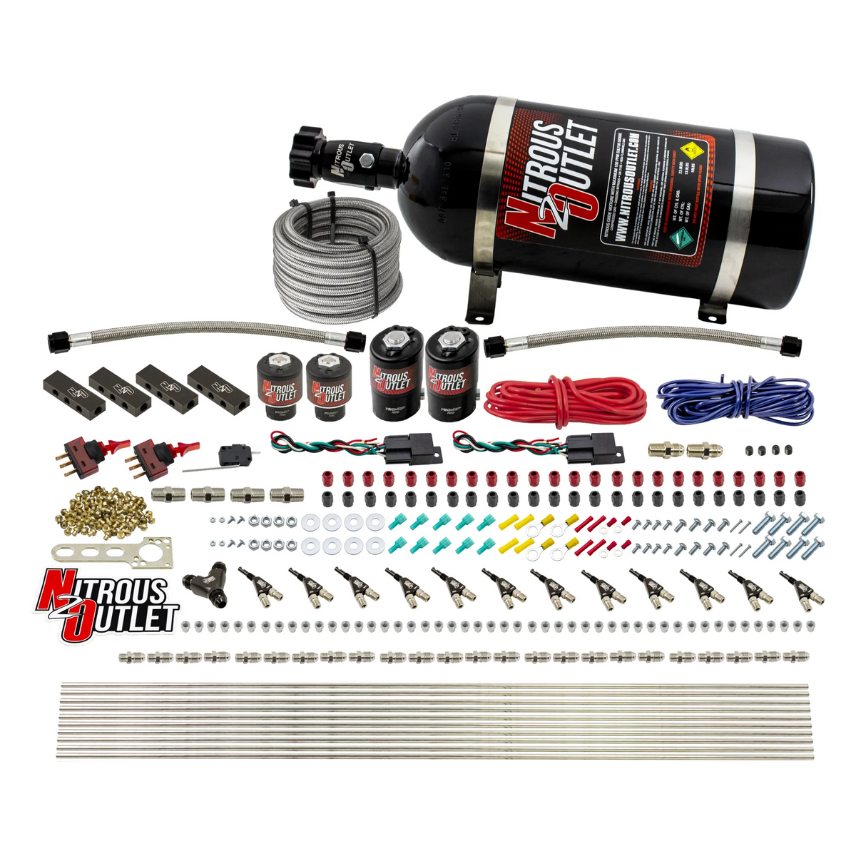 Nitrous Outlet 6 Cylinder Dual Stage Direct Port System - Two .122 Nitrous Solenoids/Two .177 Fuel Solenoids/Distribution Blocks/90 Degree Discharge Nozzles (Gas)(45-55 psi)(75-375HP)(12lb Bottle)