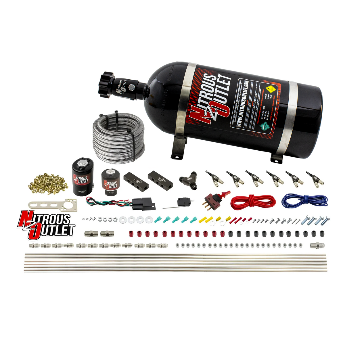 Nitrous Outlet 6 Cylinder Direct Port System - .122 Nitrous Solenoid/.177 Fuel Solenoid/Distribution Blocks/90 Degree Discharge Nozzles (E85)(45-55 psi)(75-375HP)(12lb Bottle)