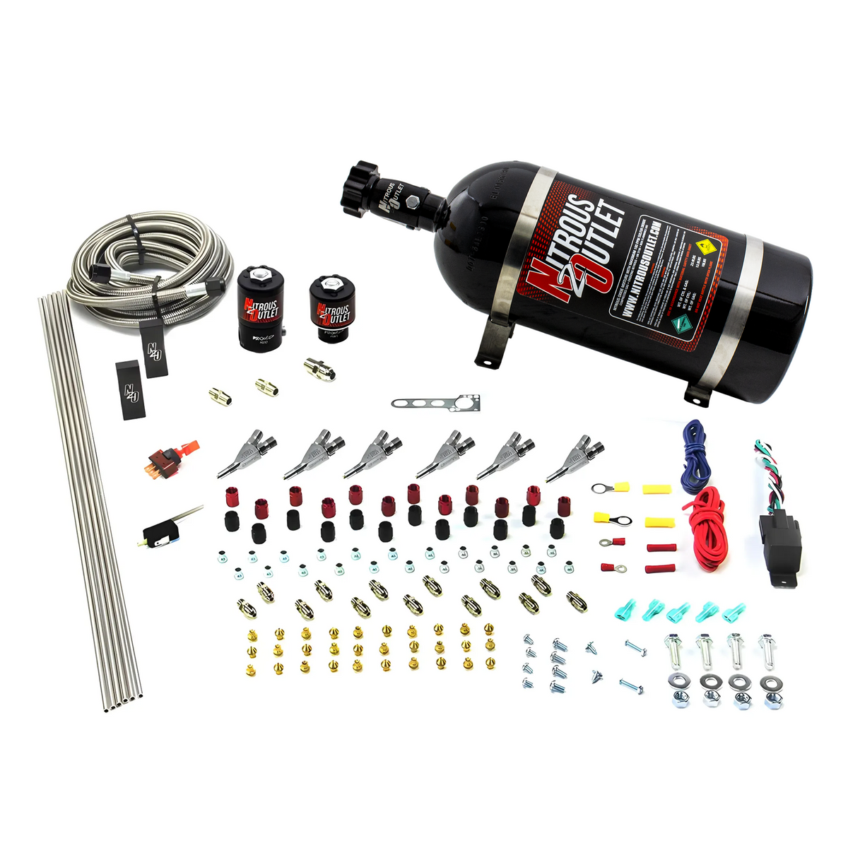 Nitrous Outlet 6 Cylinder Direct Port System - .122 Nitrous Solenoid/.177 Fuel Solenoid/Distribution Blocks/Annular Degree Discharge Nozzles (E85)(45-55 psi)(15lb Bottle)