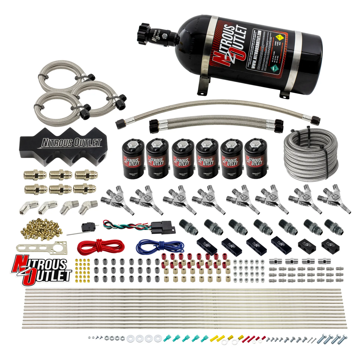 Nitrous Outlet Dry 8 Cylinder Three Stage Direct Port System - Six .112 Nitrous Solenoids/Trident Distribution Blocks/ Trident Nozzles(100-400HP)(12lb Bottle)