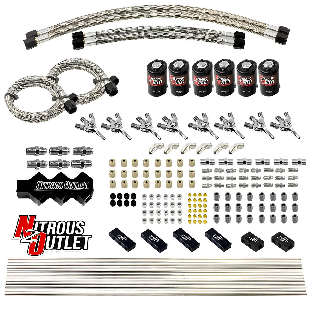 Nitrous Outlet Dry 8 Cylinder Three Stage Direct Port Conversion Kit - Six .112 Nitrous Solenoids/Trident Distribution Blocks/ Trident Nozzles (Includes One Jet Setting Per Stage)