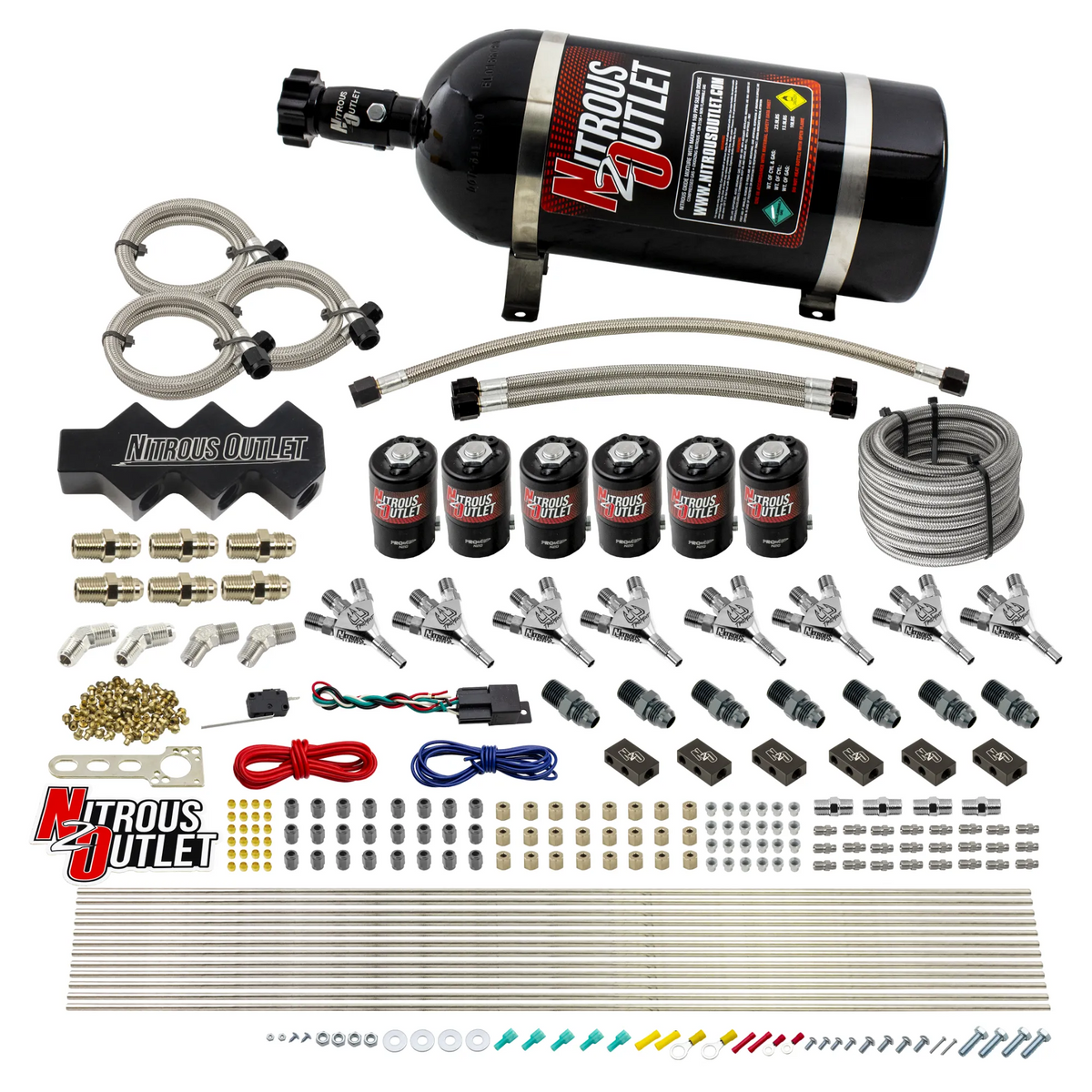 Nitrous Outlet Dry 8 Cylinder Three Stage Direct Port System - Six .112 Nitrous Solenoids/1 In 4 Out Distribution Blocks/ Trident Nozzles(100-400HP)(15lb Bottle)