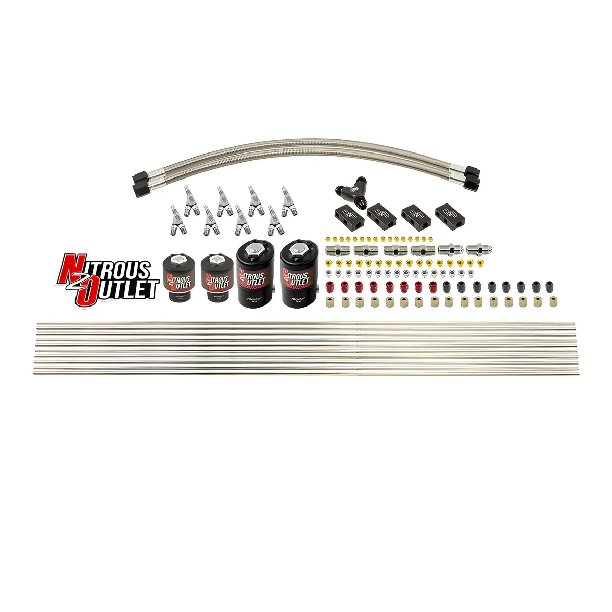 Nitrous Outlet 8 Cylinder Solenoids Forward Direct Port Conversion Kit - Two .112 Nitrous Solenoids/Two .177 Fuel Solenoids/Distribution Blocks/Compression Fittings/Annular Discharge Nozzles (Includes 200HP Jetting - Gas/7 psi)