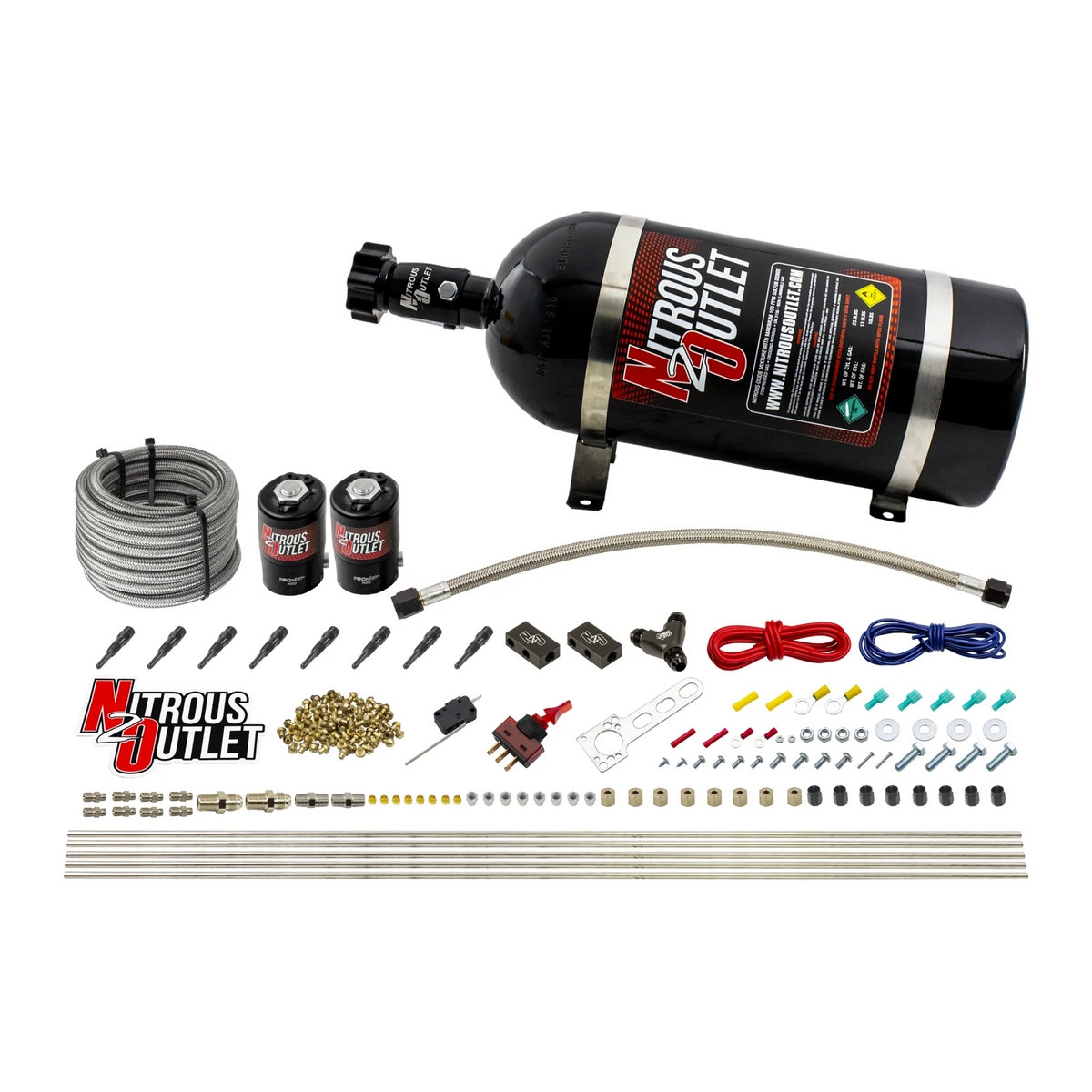 Nitrous Outlet Dry 8 Cylinder Direct Port System - Two .112 Nitrous Solenoids/Compact Distribution Blocks/Compression Fittings/90 Degree Discharge Nozzles (100-400HP)(12lb Bottle)