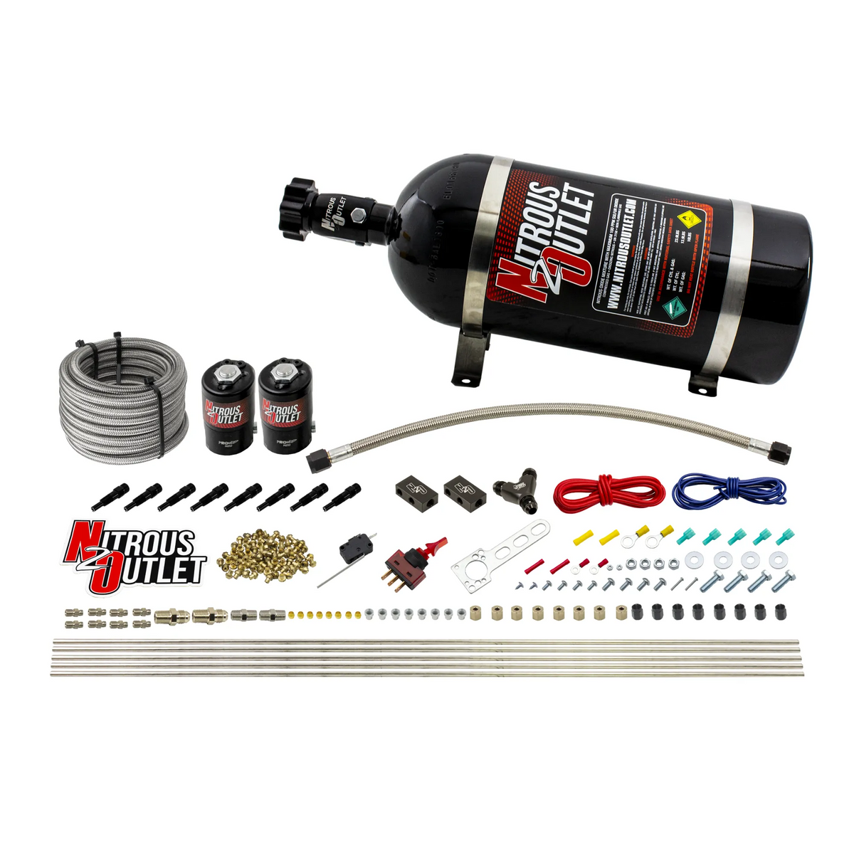 Nitrous Outlet Dry 8 Cylinder Direct Port System - Two .112 Nitrous Solenoids/Compact Distribution Blocks/Compression Fittings/SBT Discharge Nozzles (100-400HP)(No Bottle)
