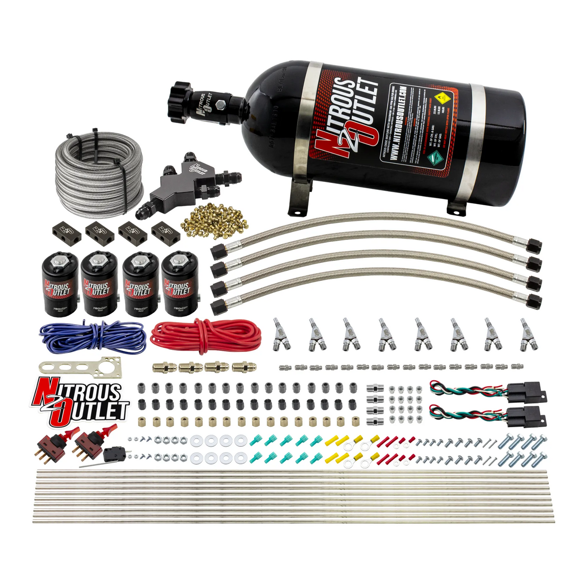 Nitrous Outlet Dry 8 Cylinder Dual Stage Direct Port System - Four .112 Nitrous Solenoids/Compact Distribution Blocks/Compression Fittings/SBT Dual Passage Discharge Nozzles (100-400HP)(12lb Bottle)