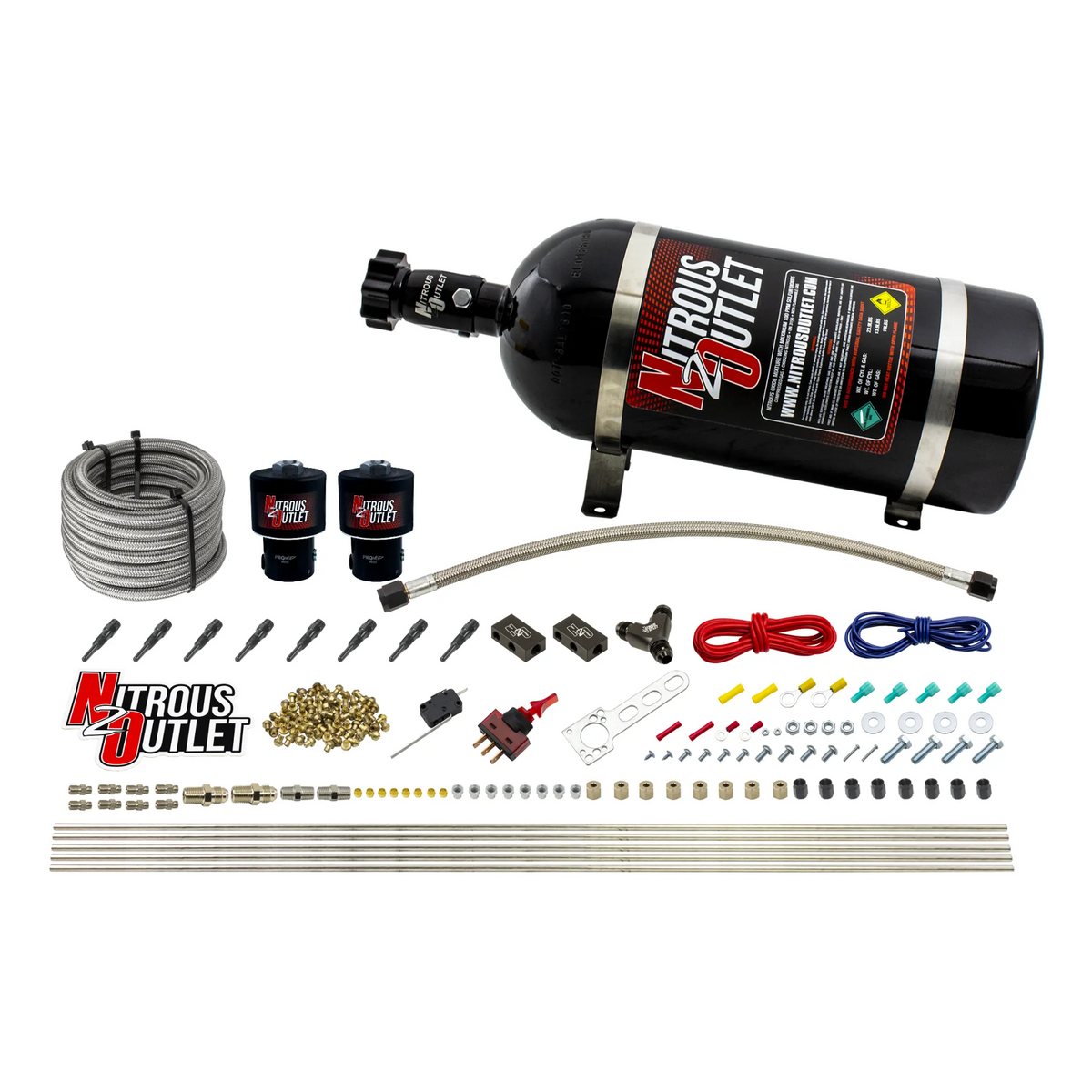 Nitrous Outlet Dry 8 Cylinder Direct Port System - Two .178 Trashcan Nitrous Solenoids/Compact Distribution Blocks/Compression Fittings/90 Degree Discharge Nozzles (100-400HP)(15lb Bottle)