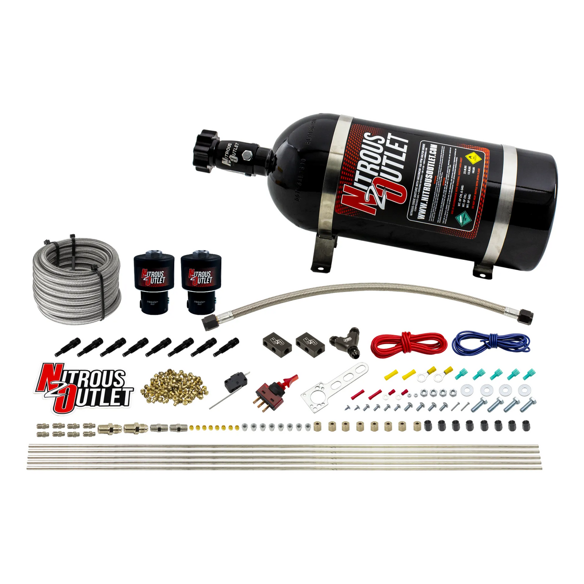 Nitrous Outlet Dry 8 Cylinder Direct Port System - Two .178 Trashcan Nitrous Solenoids/Compact Distribution Blocks/Compression Fittings/SBT Discharge Nozzles (100-400HP)(15lb Bottle)