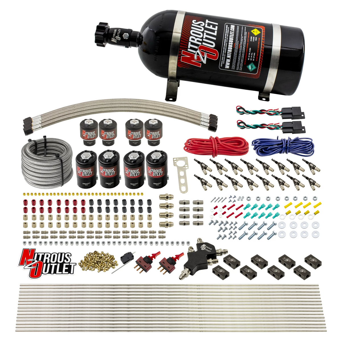 Nitrous Outlet 8 Cylinder Dual Stage Direct Port System - Four .122 Nitrous Solenoids/Four .177 Fuel Solenoids/Compact Distribution Blocks/Compression Fittings/90 Degree Discharge Nozzles (Alcohol)(5-7-10 psi)(100-400HP)(15lb Bottle)