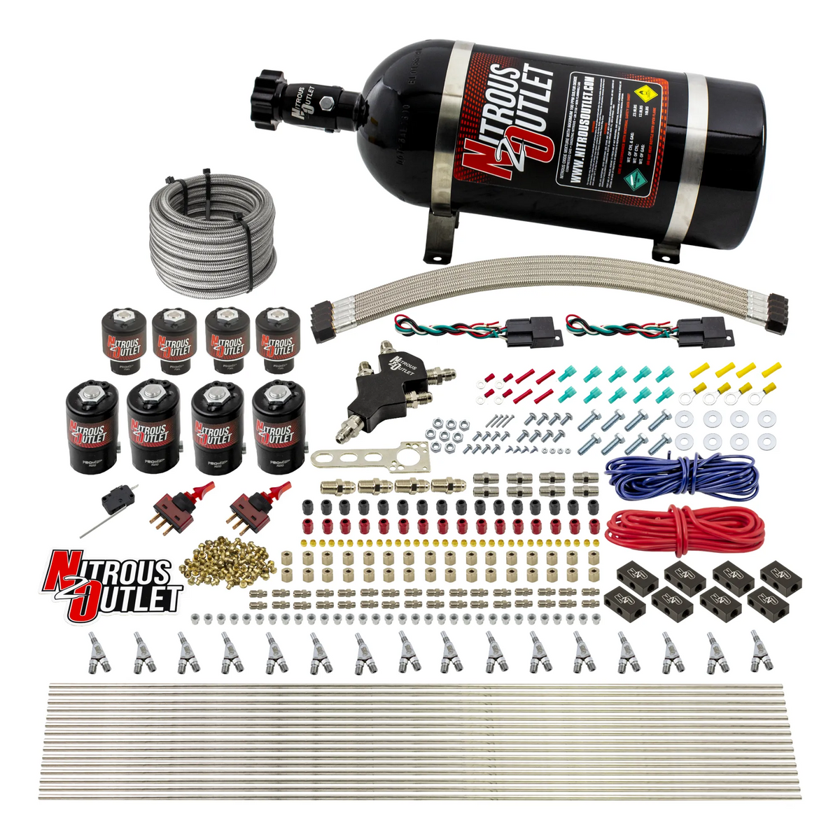 Nitrous Outlet 8 Cylinder Dual Stage Direct Port System - Four .122 Nitrous Solenoids/Four .177 Fuel Solenoids/Compact Distribution Blocks/Compression Fittings/Annular Discharge Nozzles (Alcohol)(5-7-10 psi)(100-400HP)(15lb Bottle)
