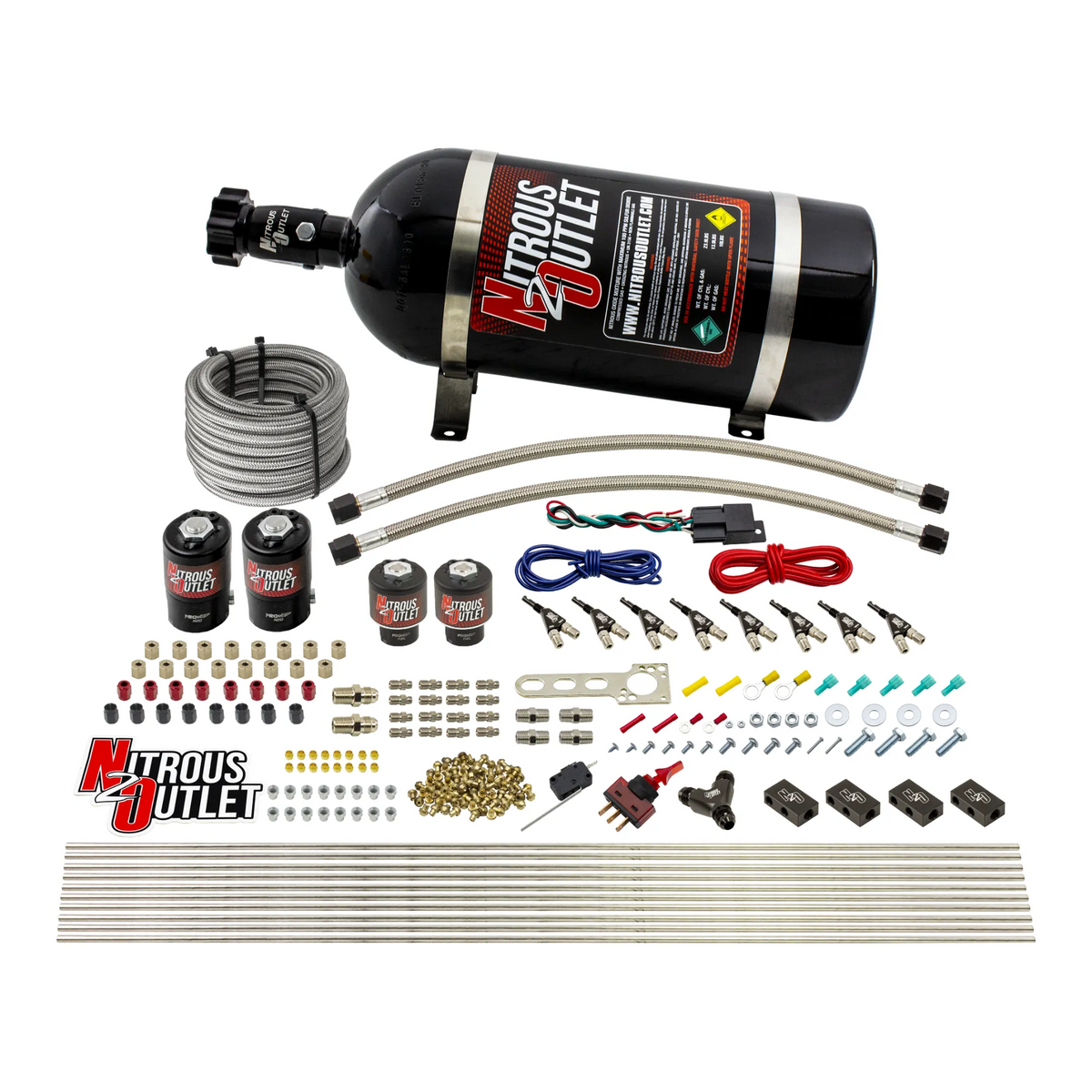 Nitrous Outlet 8 Cylinder Direct Port System - Two .112 Nitrous Solenoids/Two .177 Fuel Solenoids/Compact Distribution Blocks/Compression Fittings/90 Degree Discharge Nozzles (Alcohol)(5-7-10 psi)(100-400HP)(No Bottle)